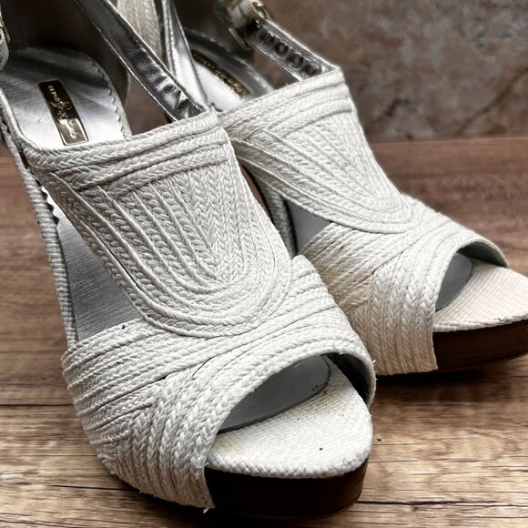 Report Signature Heels Women Sz 7.5 White Leather Dress Platform Raffia Textured - Picture 6 of 10